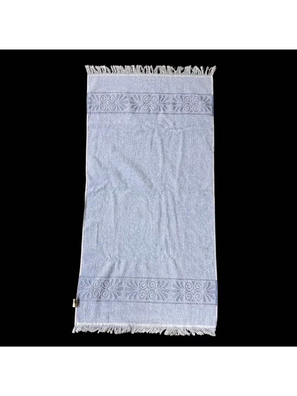 Vintage Sculpted Blue Bath Towel Fringe Cannon USA 1980s Sea Shells Retro